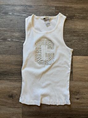 Guess White Tank Top with Rhinestone G Logo Y2K